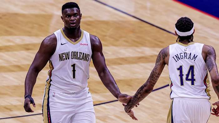 New Orleans Pelicans forward Zion Williamson (1) is congratulated by forward Brandon Ingram.